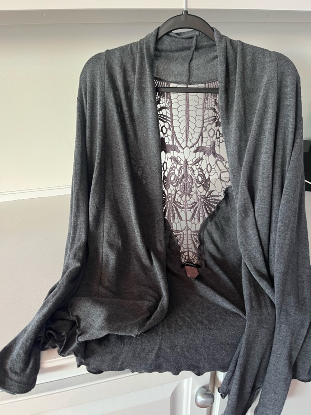Women's Charcoal Open-Front Cardigan with Lace Back